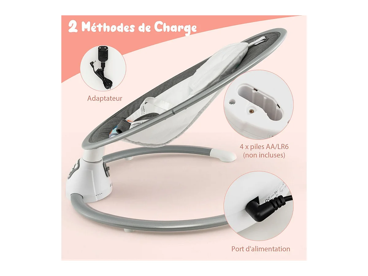 Transat Bébé Électrique avec 5 Amplitudes/Balancelle Bébé 0-6 Mois Télécommandé avec Musique, 2 Jouets, Harnais à 5 Points, Minuterie 15-60 Min, Charge 9KG-Gris
