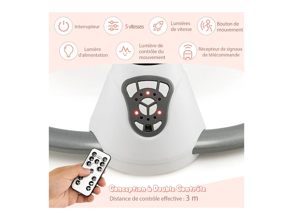 Transat Bébé Électrique avec 5 Amplitudes/Balancelle Bébé 0-6 Mois Télécommandé avec Musique, 2 Jouets, Harnais à 5 Points, Minuterie 15-60 Min, Charge 9KG-Gris