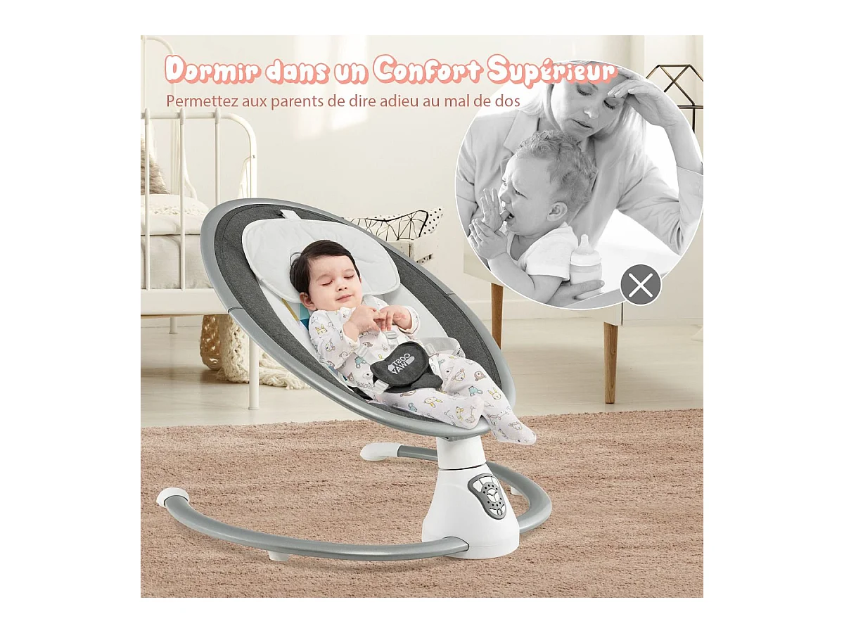 Transat Bébé Électrique avec 5 Amplitudes/Balancelle Bébé 0-6 Mois Télécommandé avec Musique, 2 Jouets, Harnais à 5 Points, Minuterie 15-60 Min, Charge 9KG-Gris
