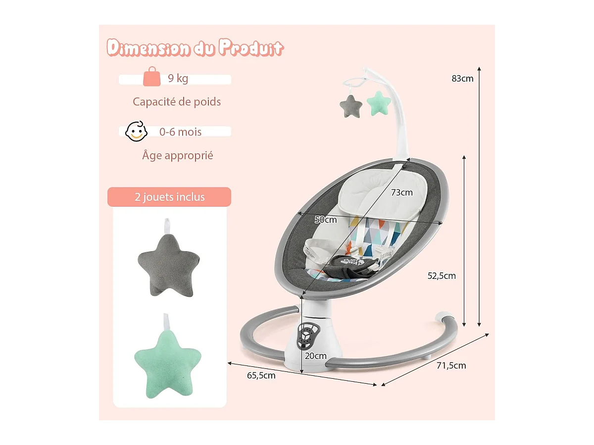 Transat Bébé Électrique avec 5 Amplitudes/Balancelle Bébé 0-6 Mois Télécommandé avec Musique, 2 Jouets, Harnais à 5 Points, Minuterie 15-60 Min, Charge 9KG-Gris