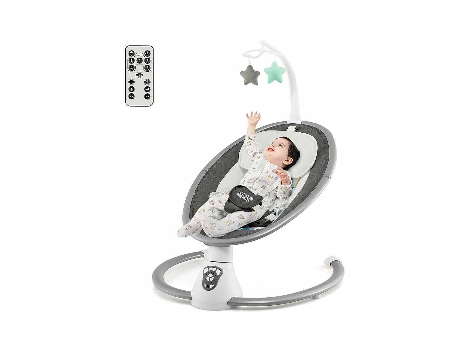 Transat Bébé Électrique avec 5 Amplitudes/Balancelle Bébé 0-6 Mois Télécommandé avec Musique, 2 Jouets, Harnais à 5 Points, Minuterie 15-60 Min, Charge 9KG-Gris