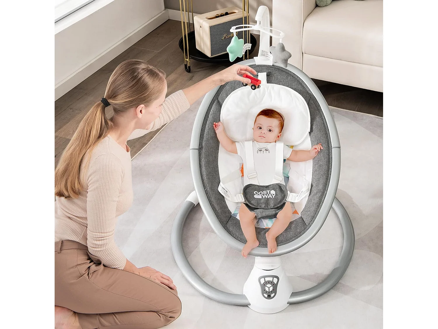 Transat Bébé Électrique avec 5 Amplitudes/Balancelle Bébé 0-6 Mois Télécommandé avec Musique, 2 Jouets, Harnais à 5 Points, Minuterie 15-60 Min, Charge 9KG-Gris