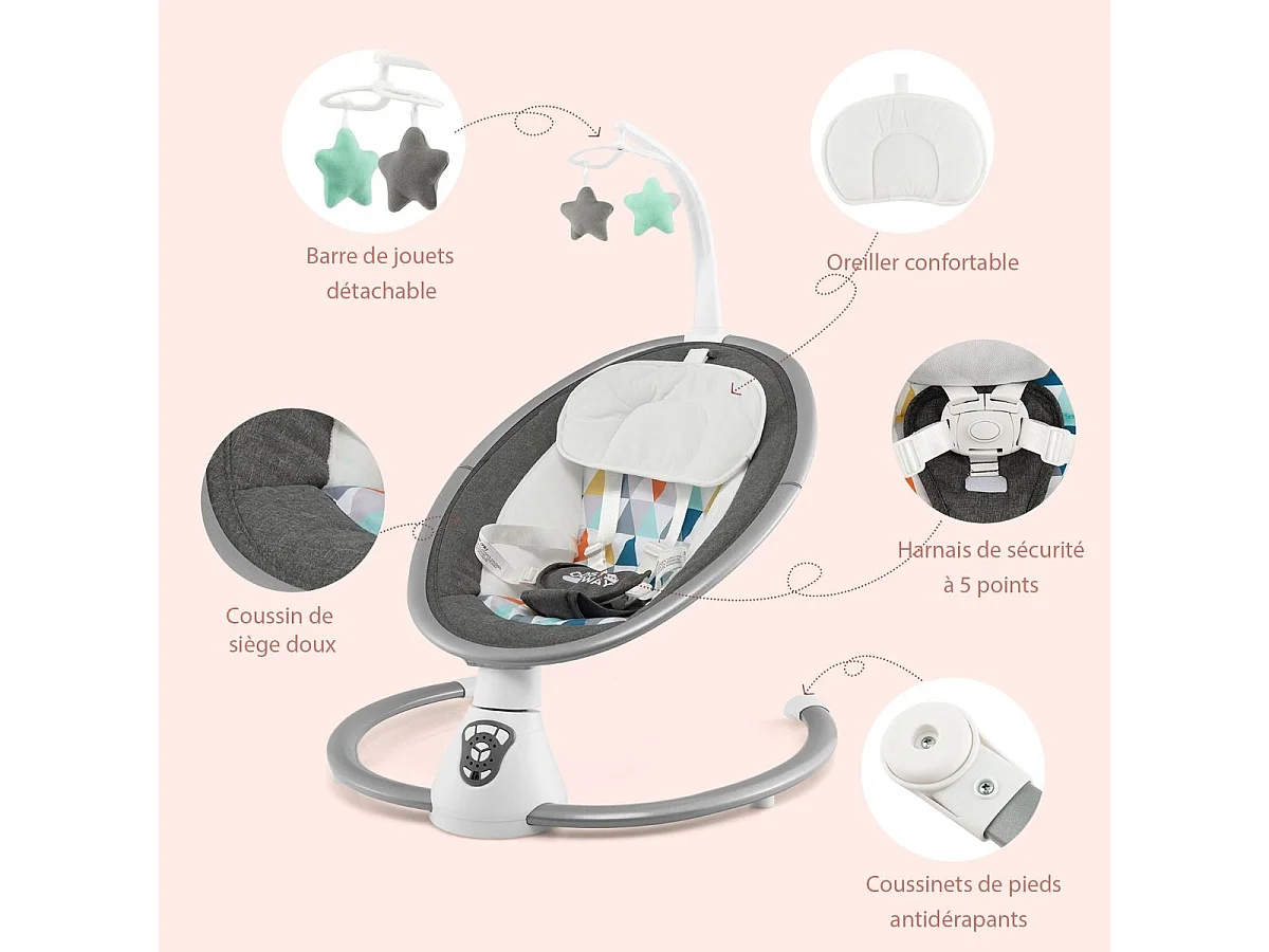 Transat Bébé Électrique avec 5 Amplitudes/Balancelle Bébé 0-6 Mois Télécommandé avec Musique, 2 Jouets, Harnais à 5 Points, Minuterie 15-60 Min, Charge 9KG-Gris