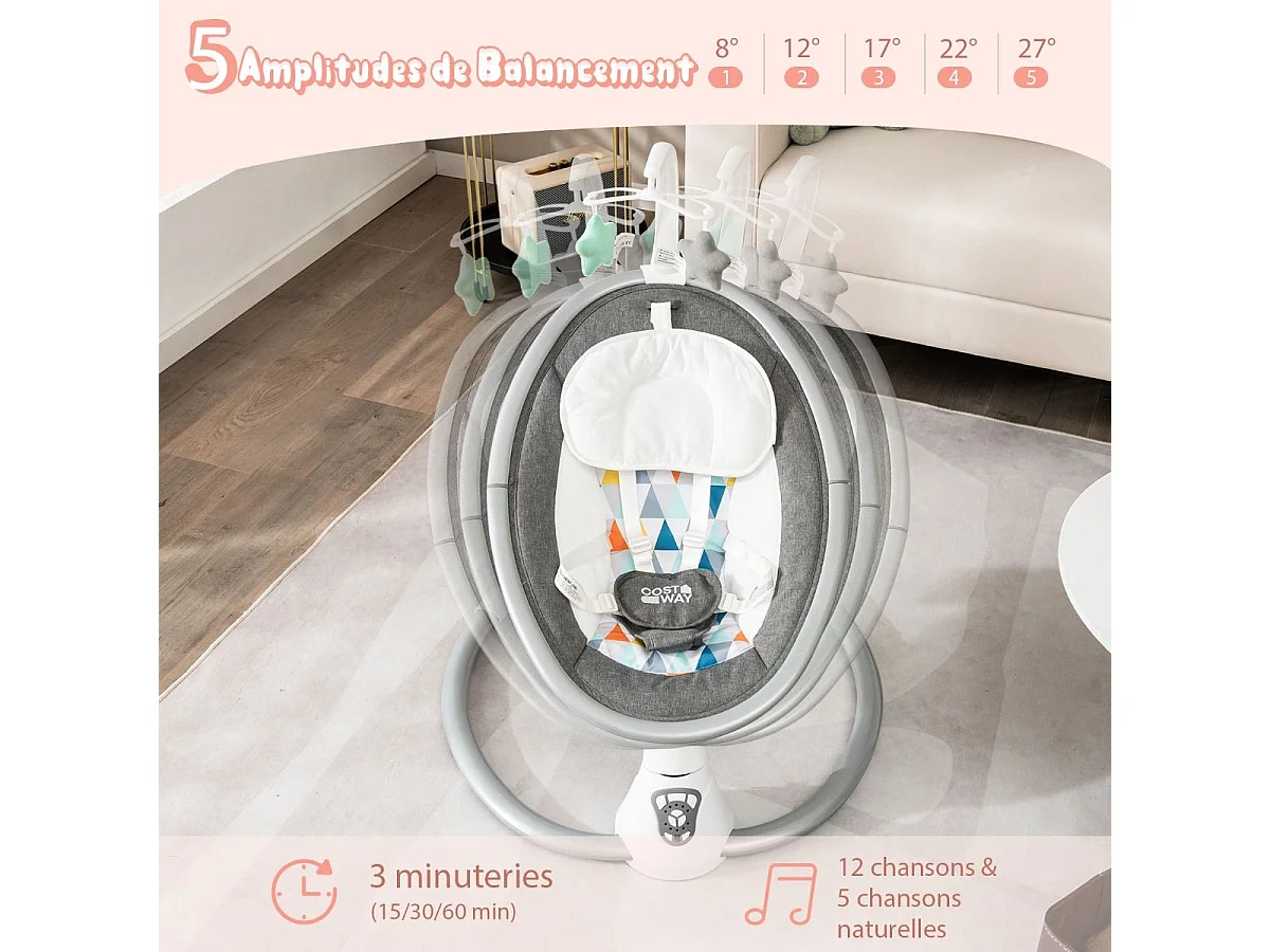 Transat Bébé Électrique avec 5 Amplitudes/Balancelle Bébé 0-6 Mois Télécommandé avec Musique, 2 Jouets, Harnais à 5 Points, Minuterie 15-60 Min, Charge 9KG-Gris