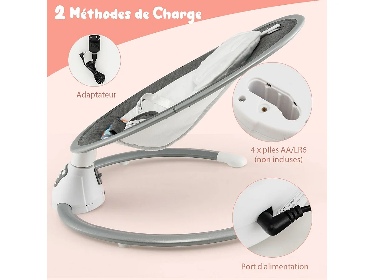 Transat Bébé Électrique avec 5 Amplitudes/Balancelle Bébé 0-6 Mois Télécommandé avec Musique, 2 Jouets, Harnais à 5 Points, Minuterie 15-60 Min, Charge 9KG-Gris