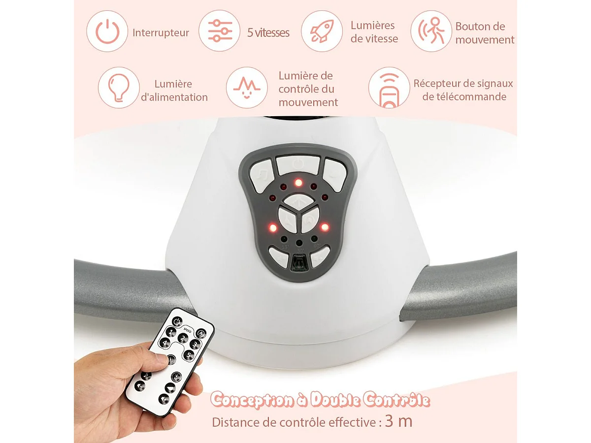 Transat Bébé Électrique avec 5 Amplitudes/Balancelle Bébé 0-6 Mois Télécommandé avec Musique, 2 Jouets, Harnais à 5 Points, Minuterie 15-60 Min, Charge 9KG-Gris