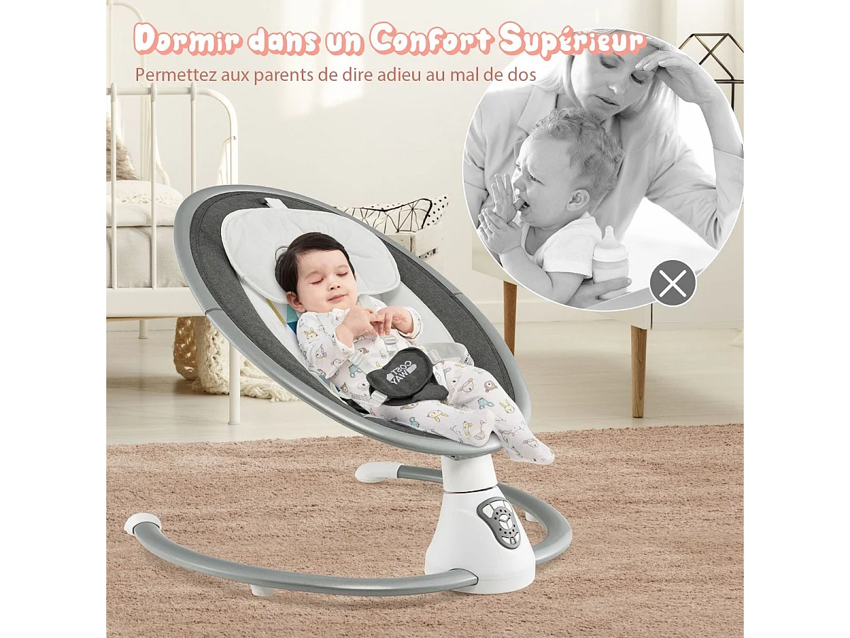Transat Bébé Électrique avec 5 Amplitudes/Balancelle Bébé 0-6 Mois Télécommandé avec Musique, 2 Jouets, Harnais à 5 Points, Minuterie 15-60 Min, Charge 9KG-Gris