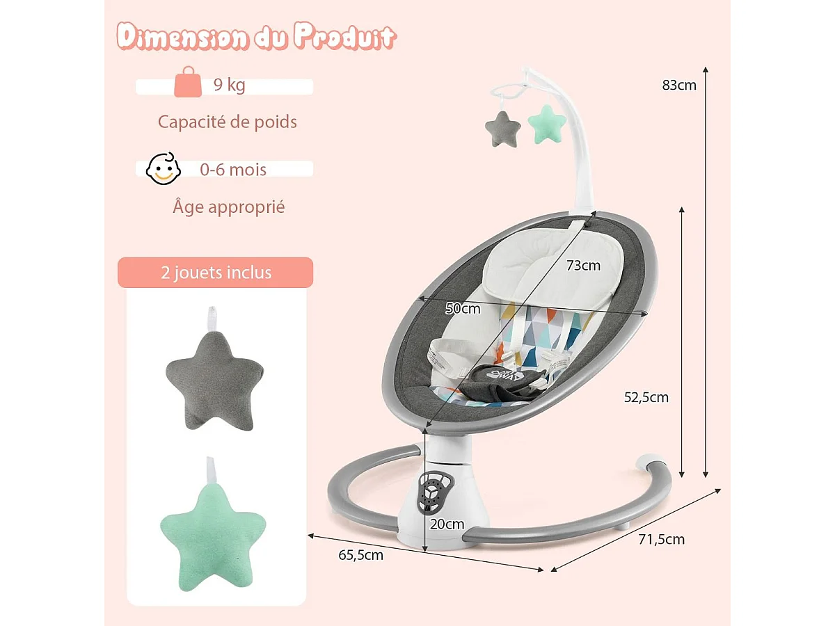 Transat Bébé Électrique avec 5 Amplitudes/Balancelle Bébé 0-6 Mois Télécommandé avec Musique, 2 Jouets, Harnais à 5 Points, Minuterie 15-60 Min, Charge 9KG-Gris