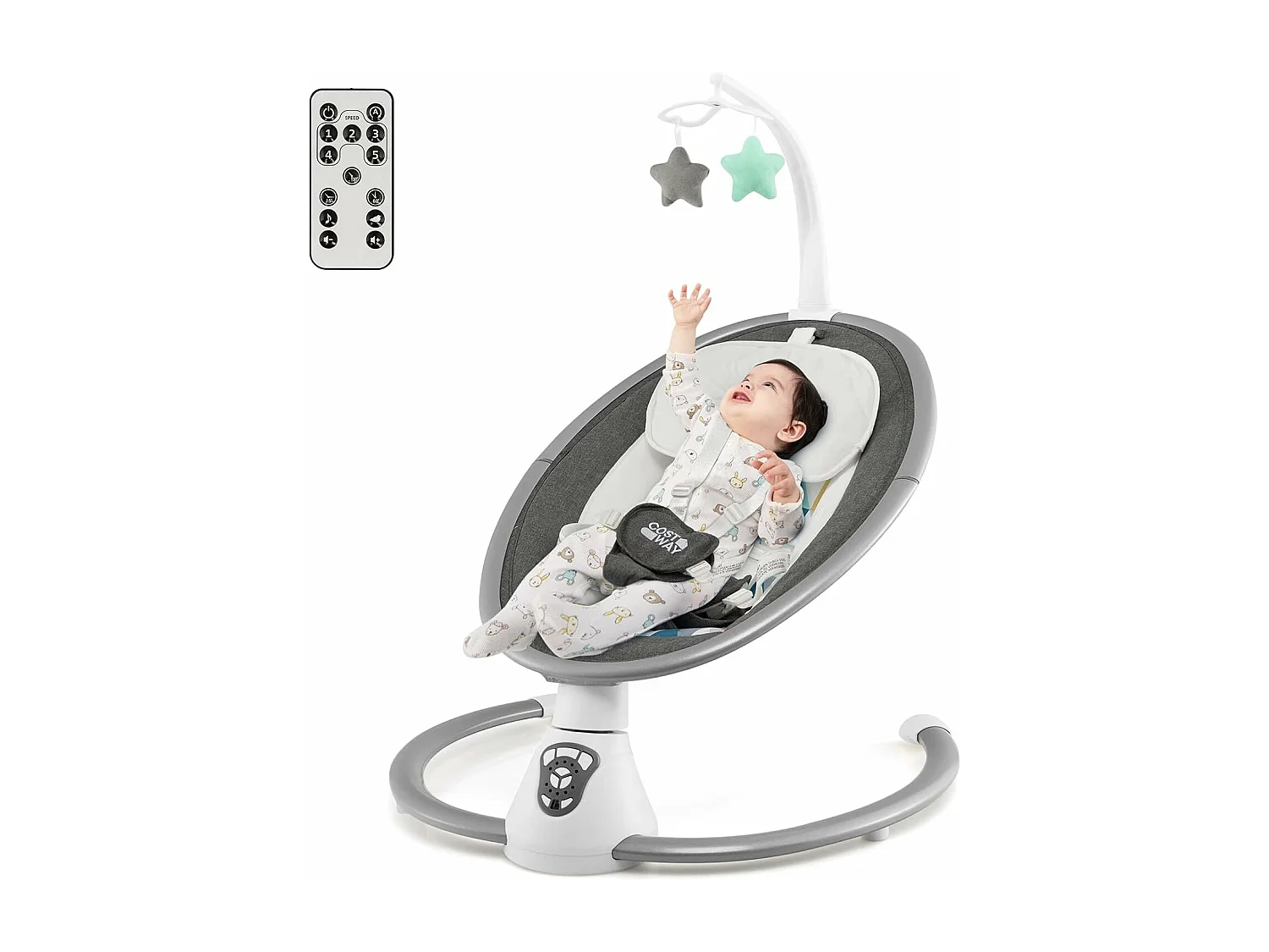 Elektrische babywipstoel met 5 amplitudes, afstandsbediening, babyschommel met muziek, 2 speeltjes, 5-puntsgordel, timer van 15-60 min., belasting van 9 kg - grijs