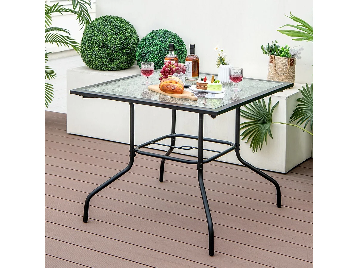 Table de Jardin en Verre Trempé 89 x 89 CM, Table d'Appoint avec Trou pour Parasol 38 MM, Cadre en Métal Robuste, Table Basse Carrée Extérieure pour Patio, Piscine