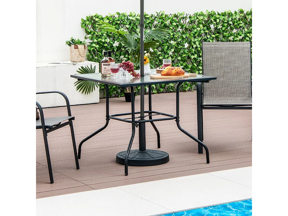 Table de Jardin en Verre Trempé 89 x 89 CM, Table d'Appoint avec Trou pour Parasol 38 MM, Cadre en Métal Robuste, Table Basse Carrée Extérieure pour Patio, Piscine