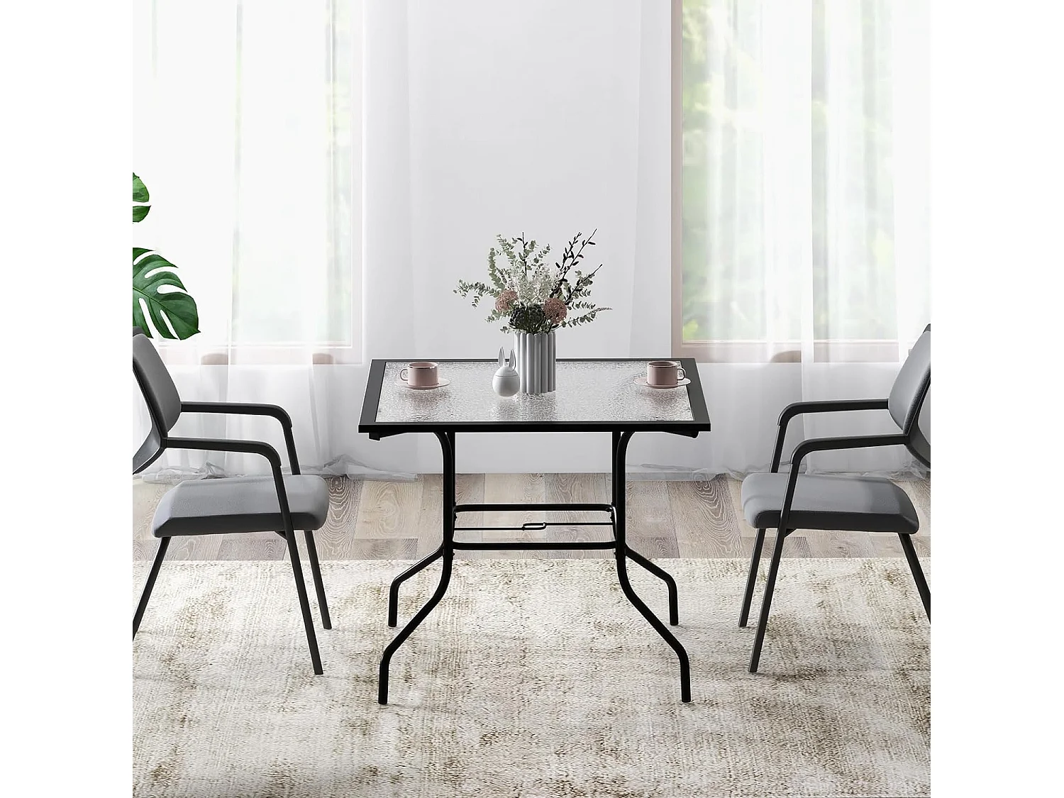 Table de Jardin en Verre Trempé 89 x 89 CM, Table d'Appoint avec Trou pour Parasol 38 MM, Cadre en Métal Robuste, Table Basse Carrée Extérieure pour Patio, Piscine