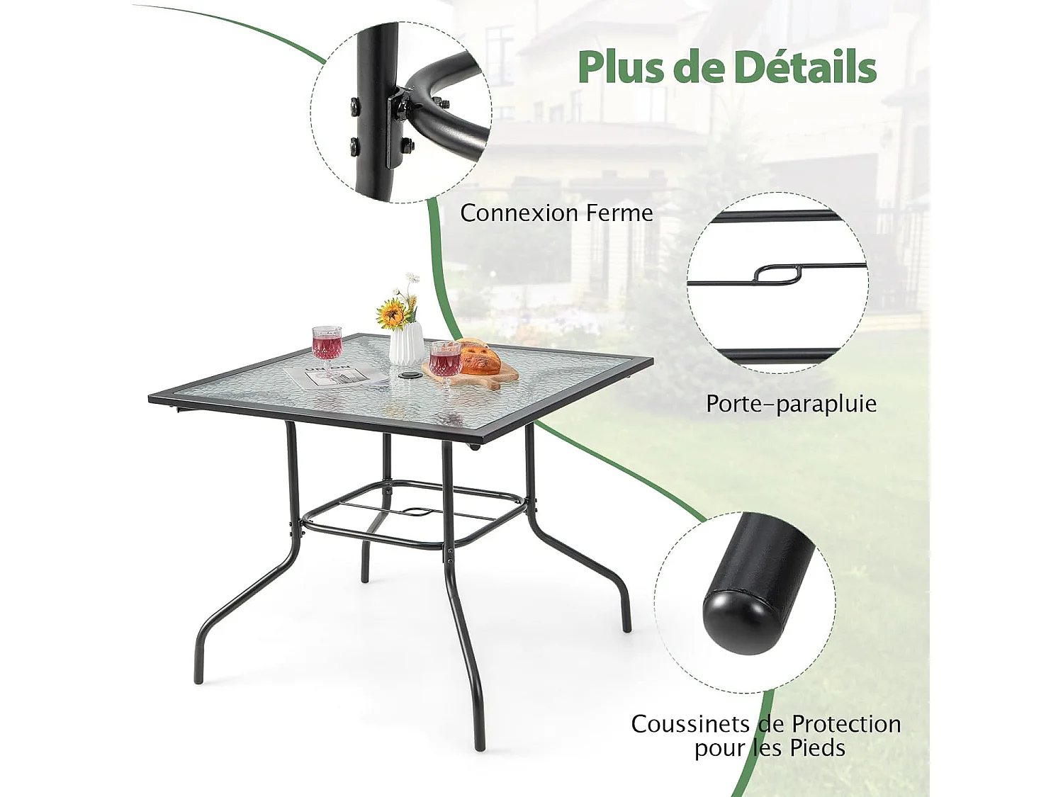 Table de Jardin en Verre Trempé 89 x 89 CM, Table d'Appoint avec Trou pour Parasol 38 MM, Cadre en Métal Robuste, Table Basse Carrée Extérieure pour Patio, Piscine