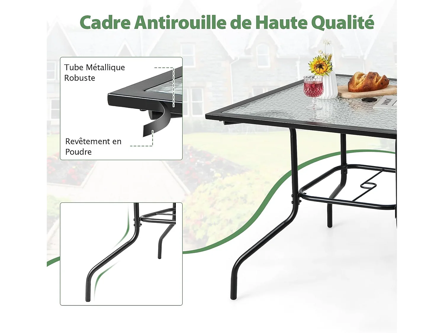 Table de Jardin en Verre Trempé 89 x 89 CM, Table d'Appoint avec Trou pour Parasol 38 MM, Cadre en Métal Robuste, Table Basse Carrée Extérieure pour Patio, Piscine