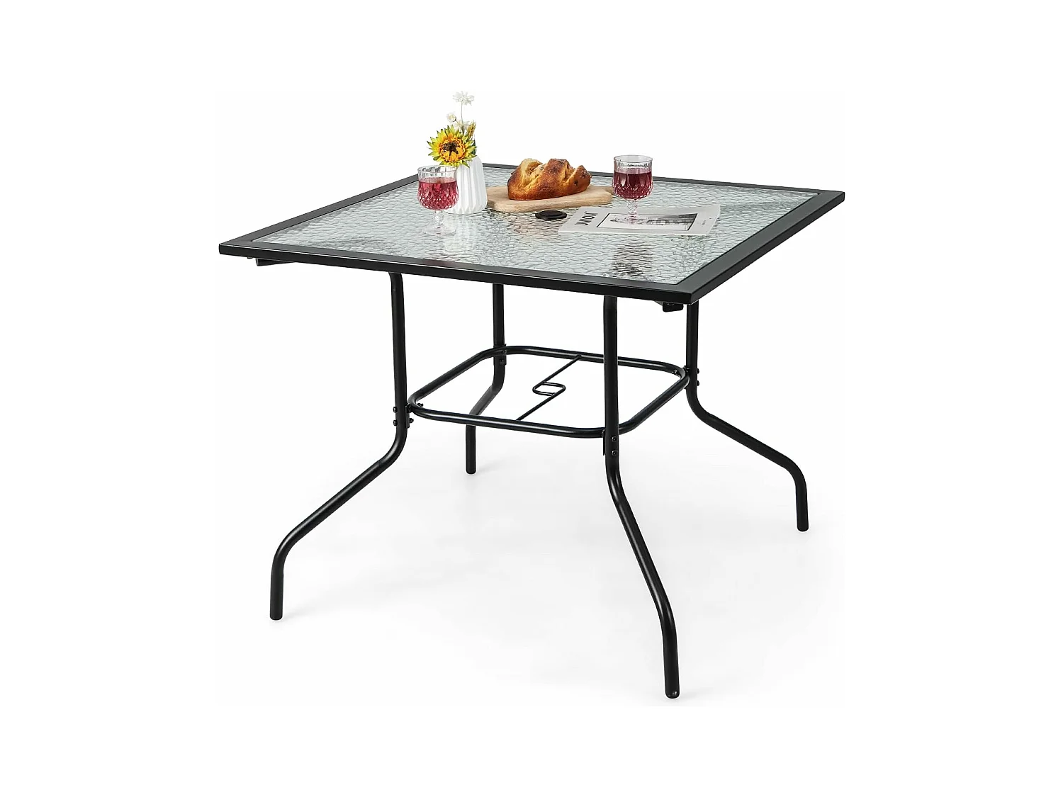 Table de Jardin en Verre Trempé 89 x 89 CM, Table d'Appoint avec Trou pour Parasol 38 MM, Cadre en Métal Robuste, Table Basse Carrée Extérieure pour Patio, Piscine