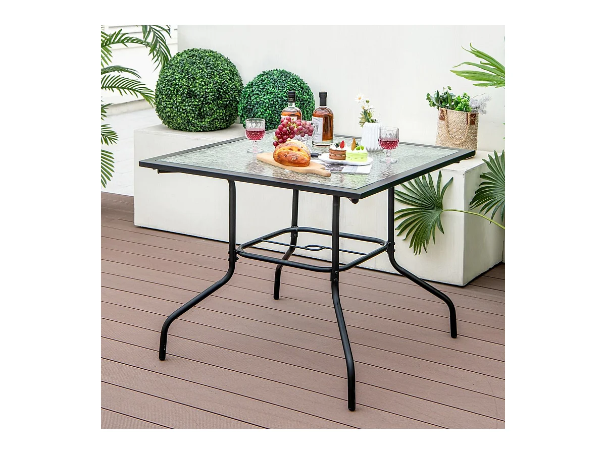 89 x 89 cm gehard glazen tuintafel, bijzettafel met 38 mm parasolgat, stevig metalen frame, vierkante salontafel voor buiten voor terras, zwembad