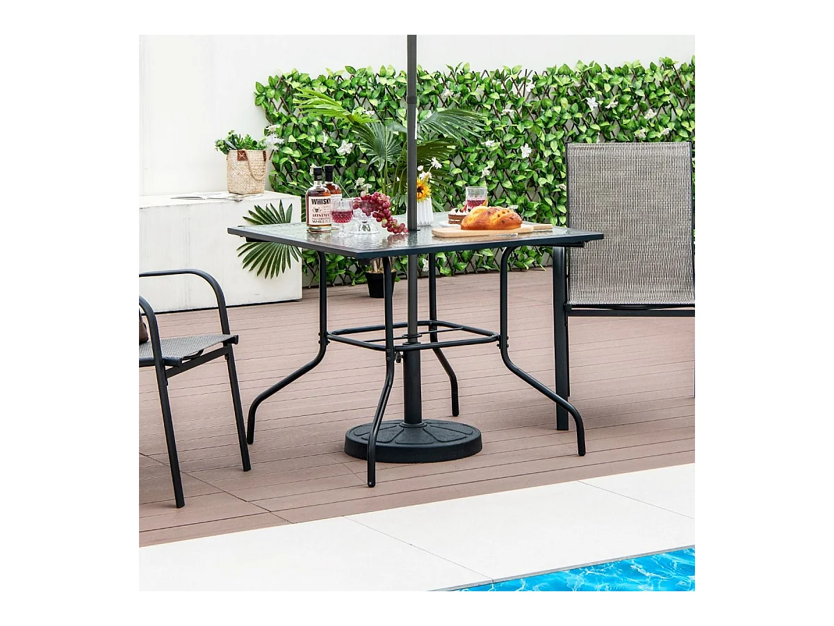 89 x 89 cm gehard glazen tuintafel, bijzettafel met 38 mm parasolgat, stevig metalen frame, vierkante salontafel voor buiten voor terras, zwembad