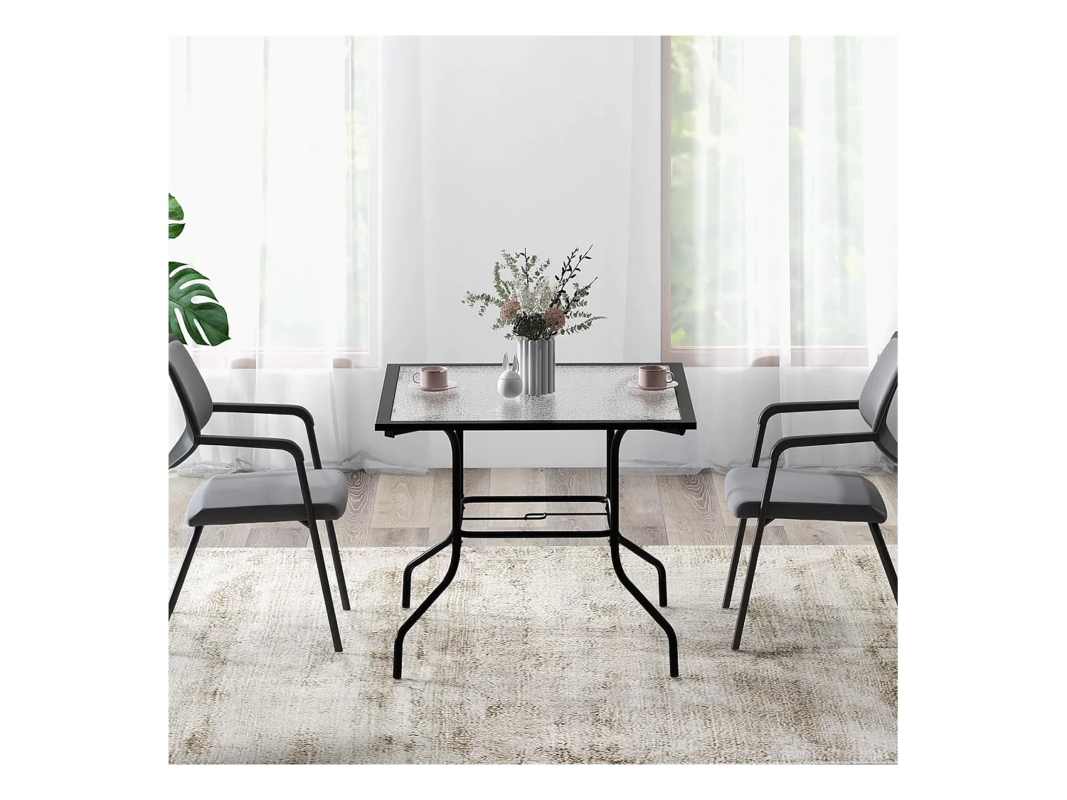 89 x 89 cm gehard glazen tuintafel, bijzettafel met 38 mm parasolgat, stevig metalen frame, vierkante salontafel voor buiten voor terras, zwembad