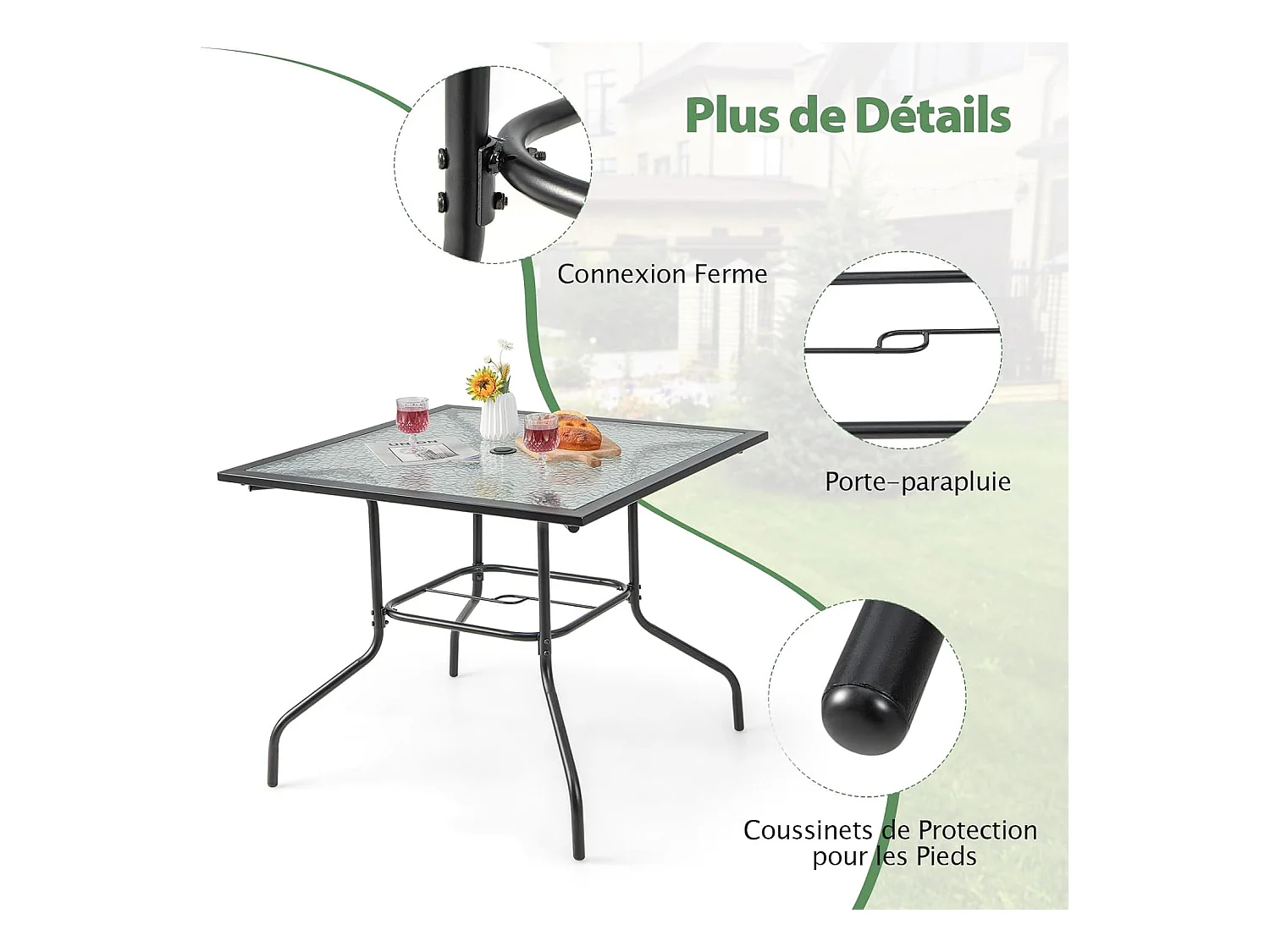 89 x 89 cm gehard glazen tuintafel, bijzettafel met 38 mm parasolgat, stevig metalen frame, vierkante salontafel voor buiten voor terras, zwembad