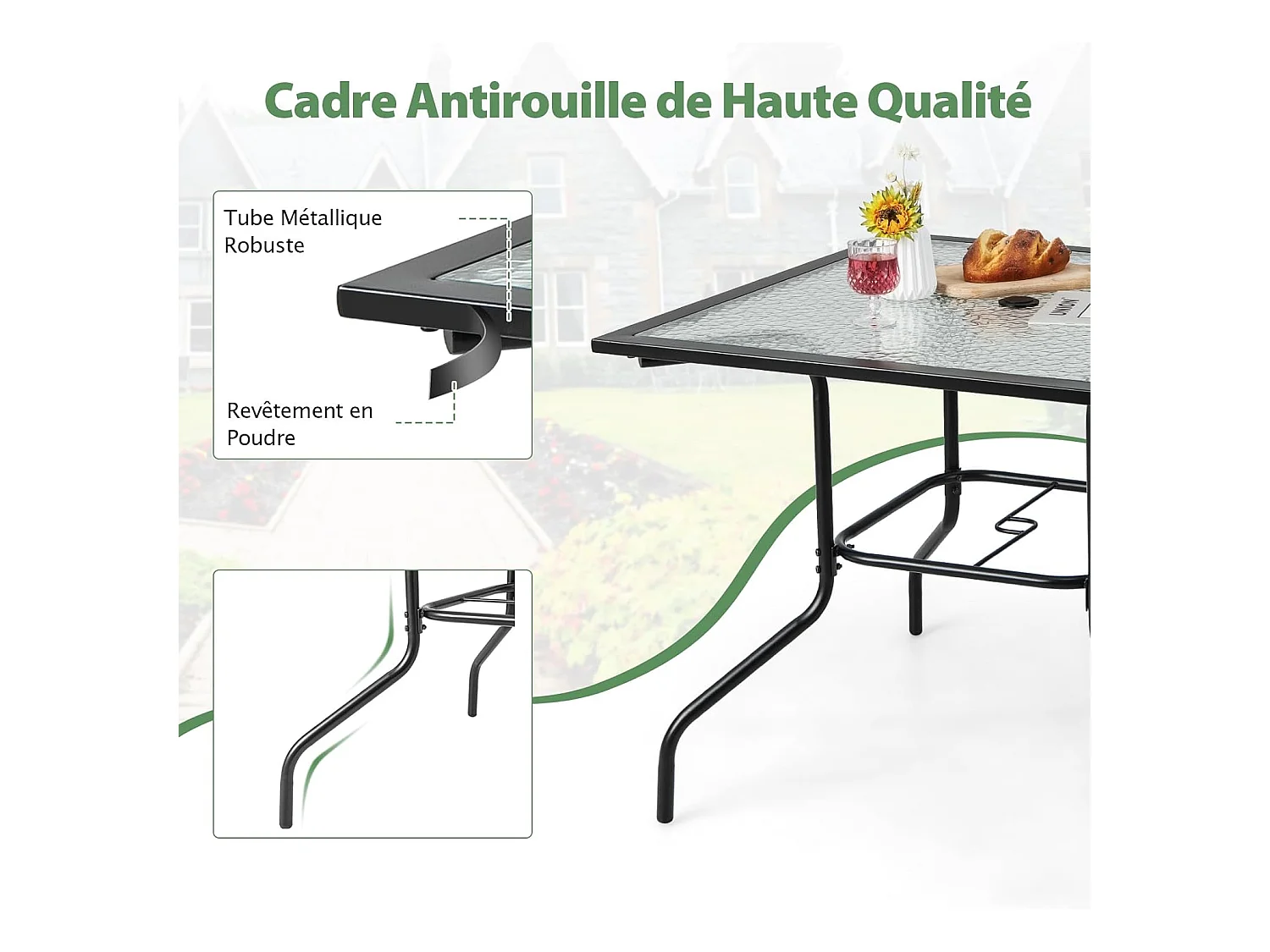 89 x 89 cm gehard glazen tuintafel, bijzettafel met 38 mm parasolgat, stevig metalen frame, vierkante salontafel voor buiten voor terras, zwembad