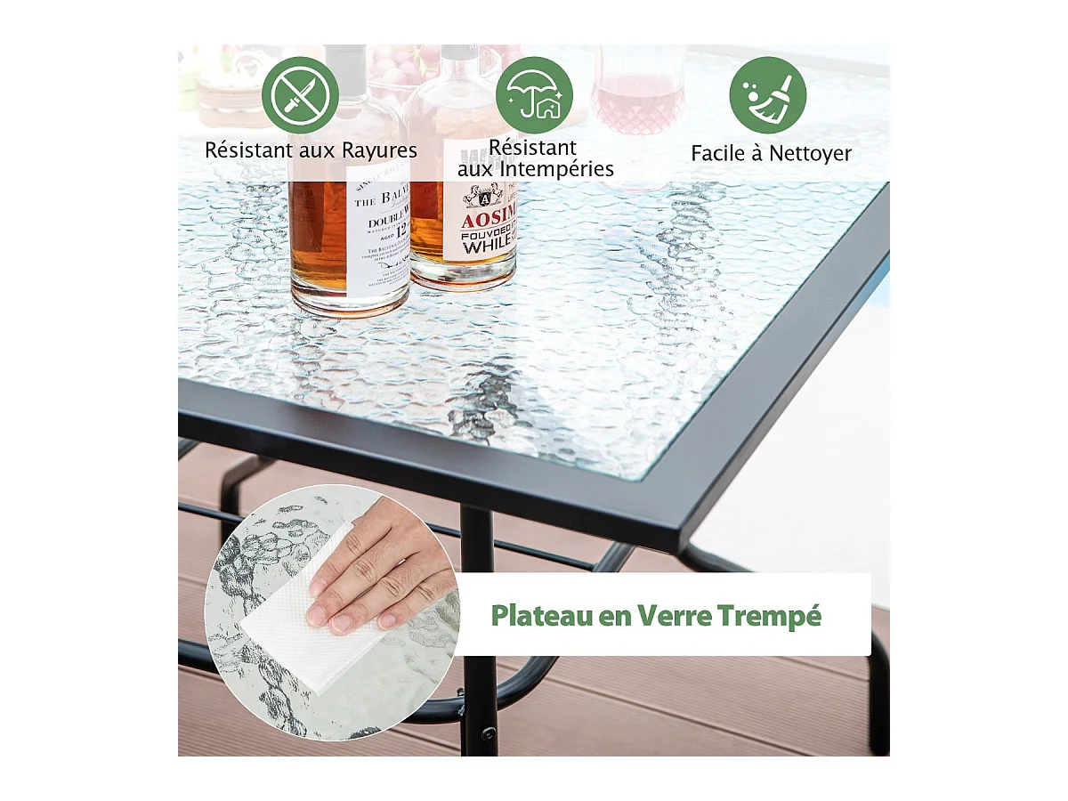89 x 89 cm gehard glazen tuintafel, bijzettafel met 38 mm parasolgat, stevig metalen frame, vierkante salontafel voor buiten voor terras, zwembad