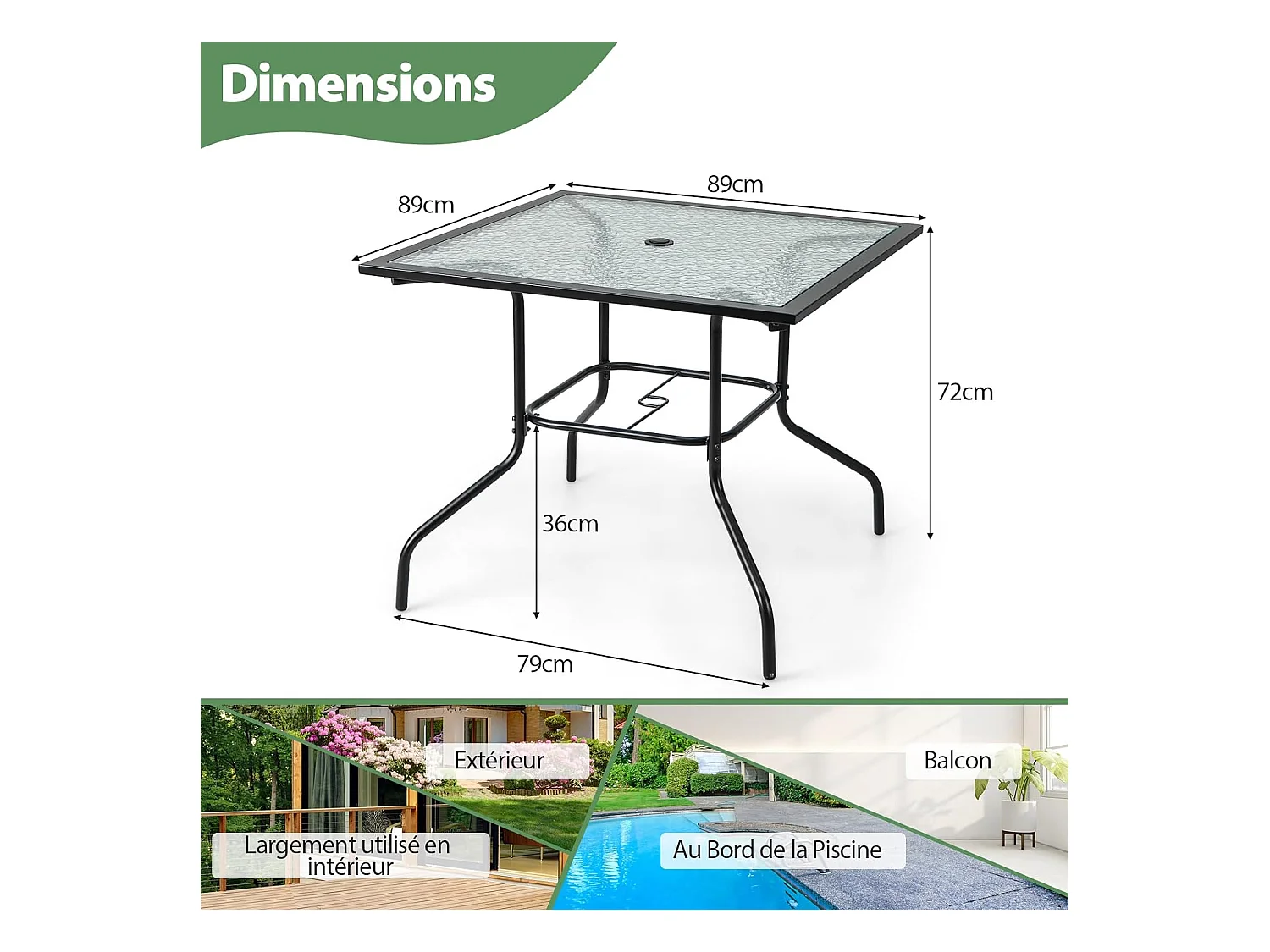 89 x 89 cm gehard glazen tuintafel, bijzettafel met 38 mm parasolgat, stevig metalen frame, vierkante salontafel voor buiten voor terras, zwembad