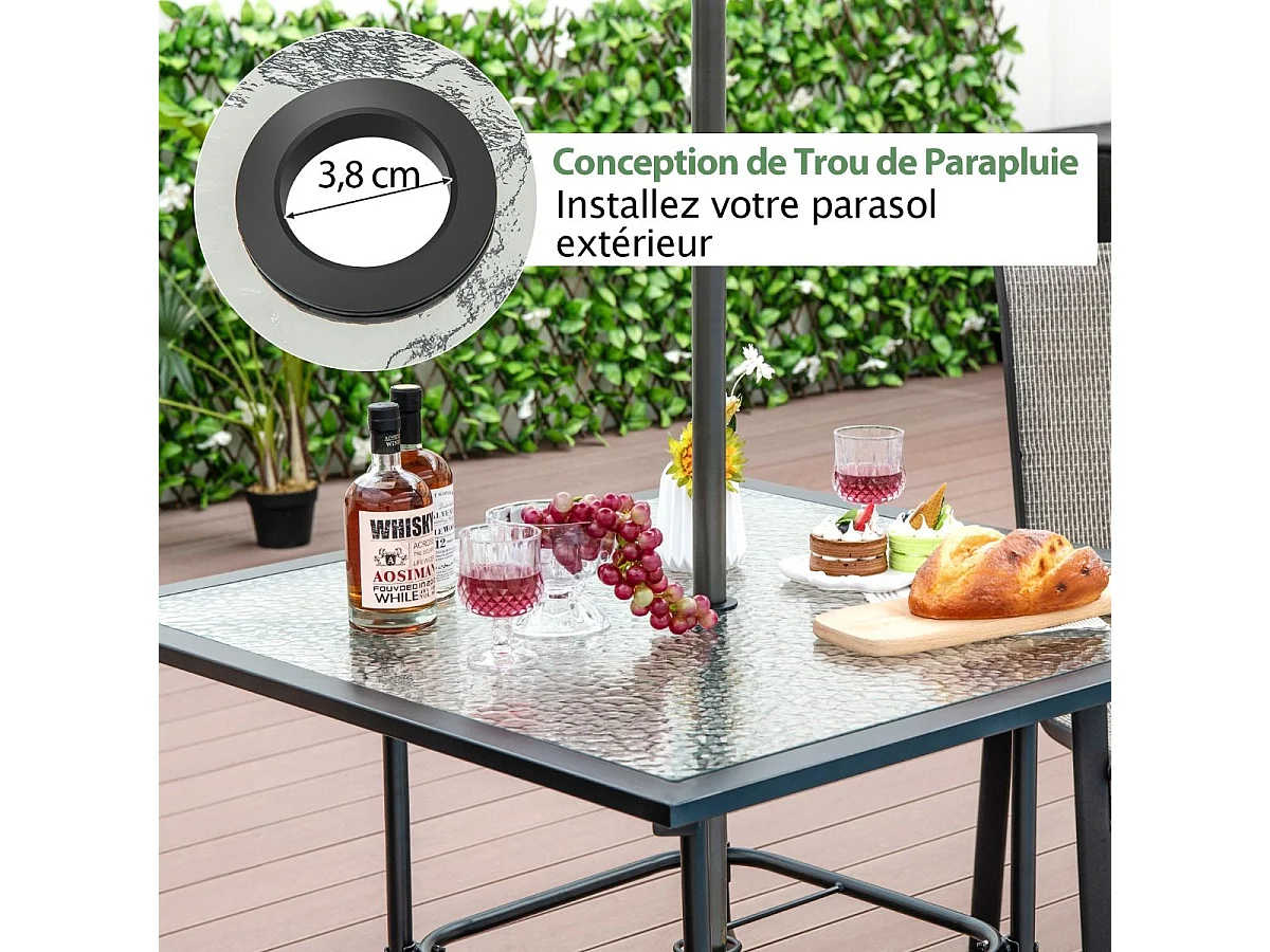 Table de Jardin en Verre Trempé 89 x 89 CM, Table d'Appoint avec Trou pour Parasol 38 MM, Cadre en Métal Robuste, Table Basse Carrée Extérieure pour Patio, Piscine