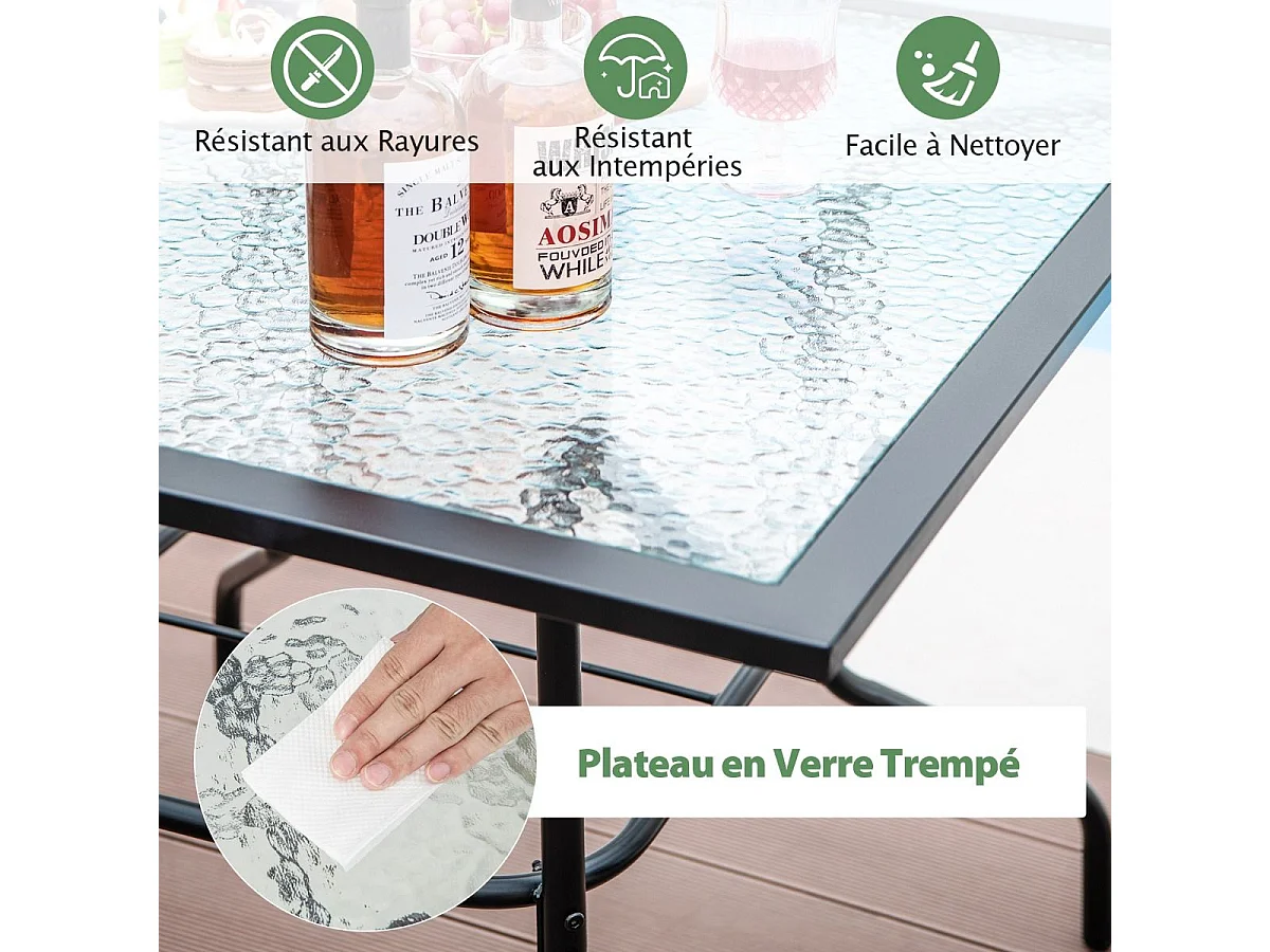 Table de Jardin en Verre Trempé 89 x 89 CM, Table d'Appoint avec Trou pour Parasol 38 MM, Cadre en Métal Robuste, Table Basse Carrée Extérieure pour Patio, Piscine