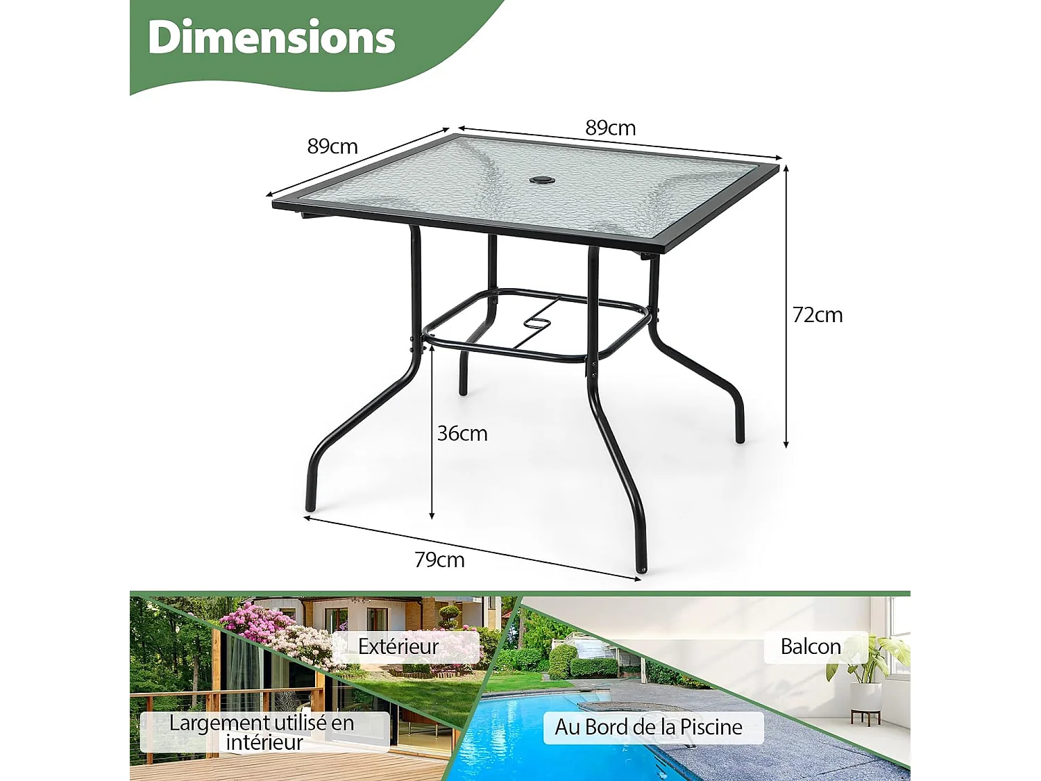 Table de Jardin en Verre Trempé 89 x 89 CM, Table d'Appoint avec Trou pour Parasol 38 MM, Cadre en Métal Robuste, Table Basse Carrée Extérieure pour Patio, Piscine