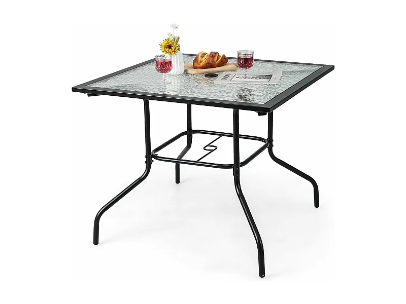 Table de Jardin en Verre Trempé 89 x 89 CM, Table d'Appoint avec Trou pour Parasol 38 MM, Cadre en Métal Robuste, Table Basse Carrée Extérieure pour Patio, Piscine