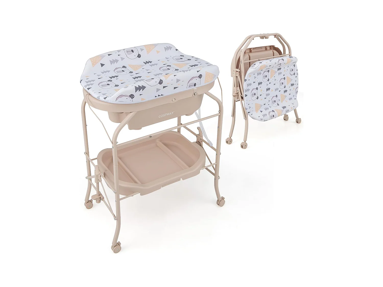 Table à Langer 2 en 1 avec Baignoire 20L Plateau de Rangement, Commode à Langer Pliable Couches Étanches Roue Universelle à Frein Charge 35KG, pour Bébé 0-12 Mois (Beige)