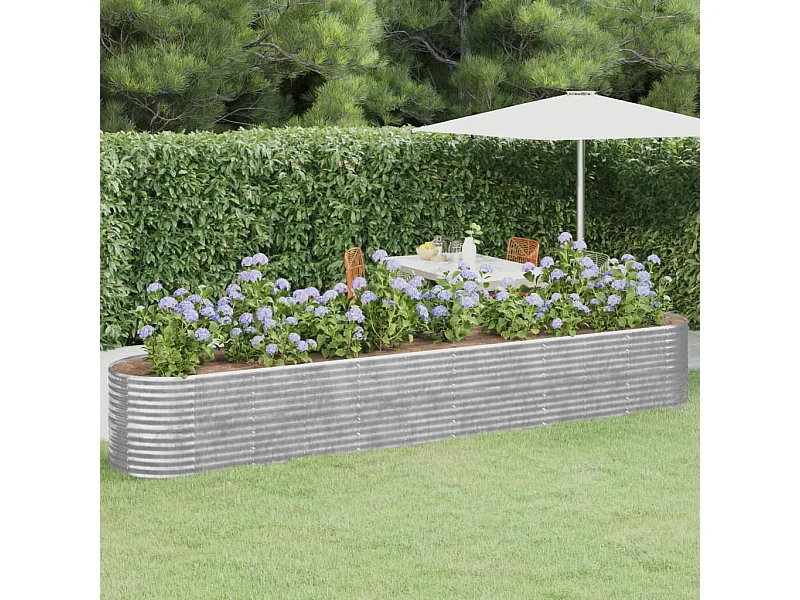 Canteiro elevado jardim 440x80x68cm aço revestido a pó prateado