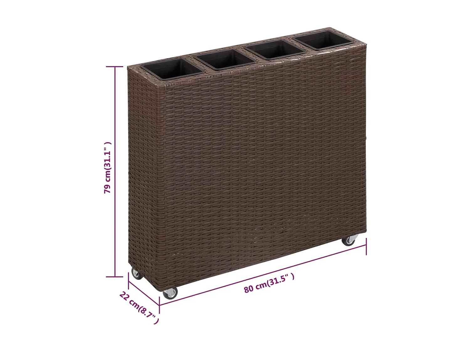 Arriate con 4 macetas de ratán sintético negro 80x22x79 cm