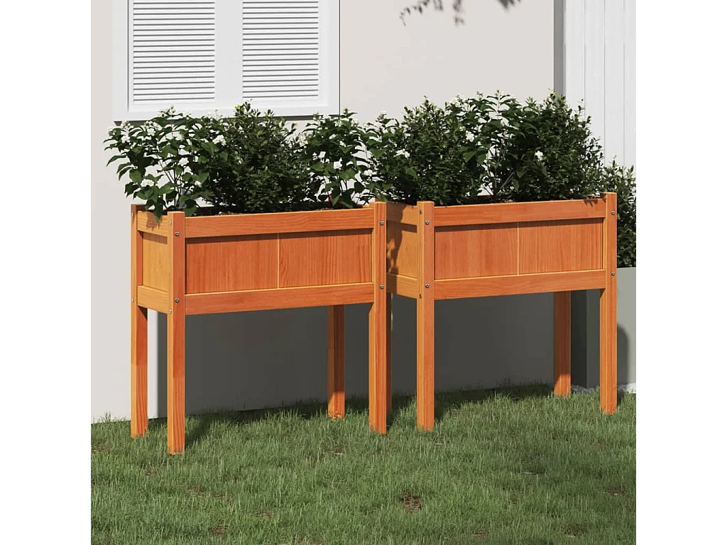 Jardinières 2 pièces avec pieds cire marron bois de pin massif