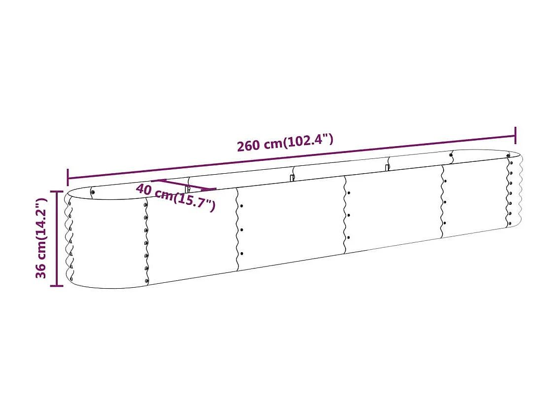 Lit surélevé de jardin Acier enduit de poudre 260x40x36 cm gris