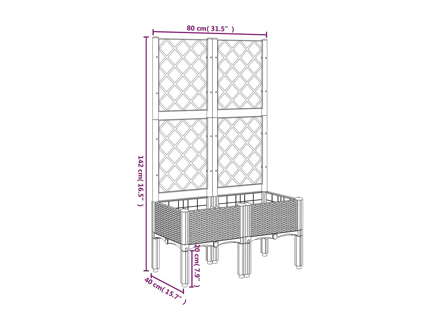 Vaso/floreira jardim c/ treliça 80x40x142 cm PP cinzento-claro