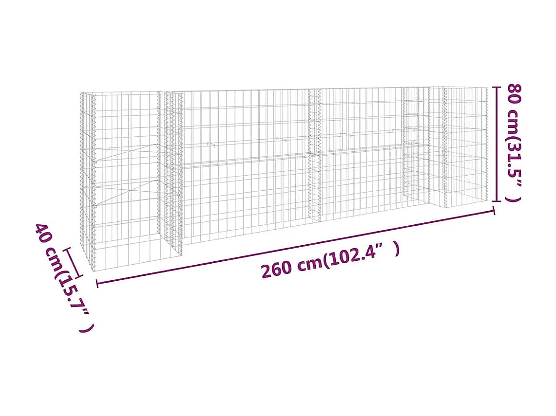 Jardinière à gabion en H Fil d'acier 260x40x80 cm