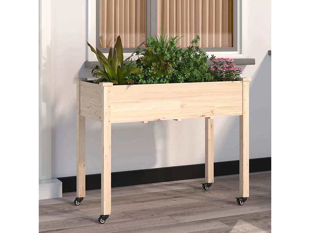 Jardinera con forro y ruedas madera de abeto gris 118x59x80 cm