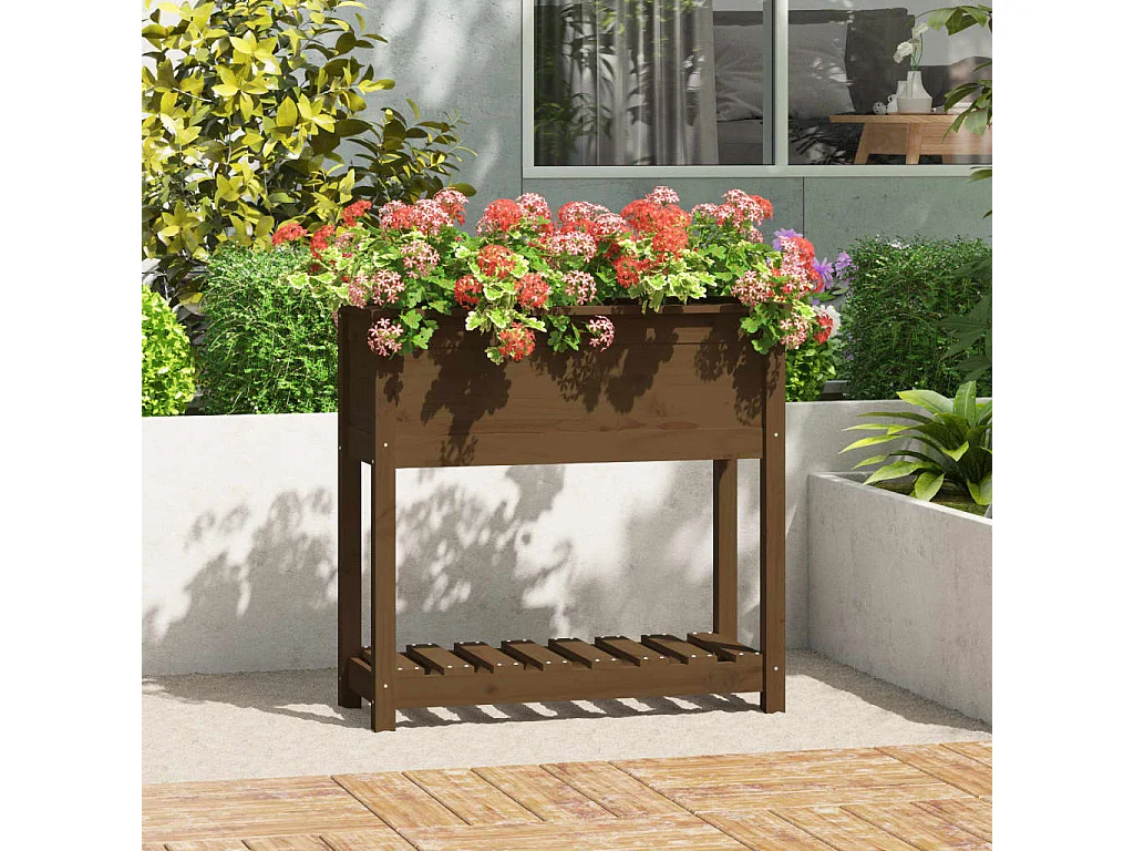 Jardinera con estante madera maciza pino marrón 82,5x34,5x81 cm