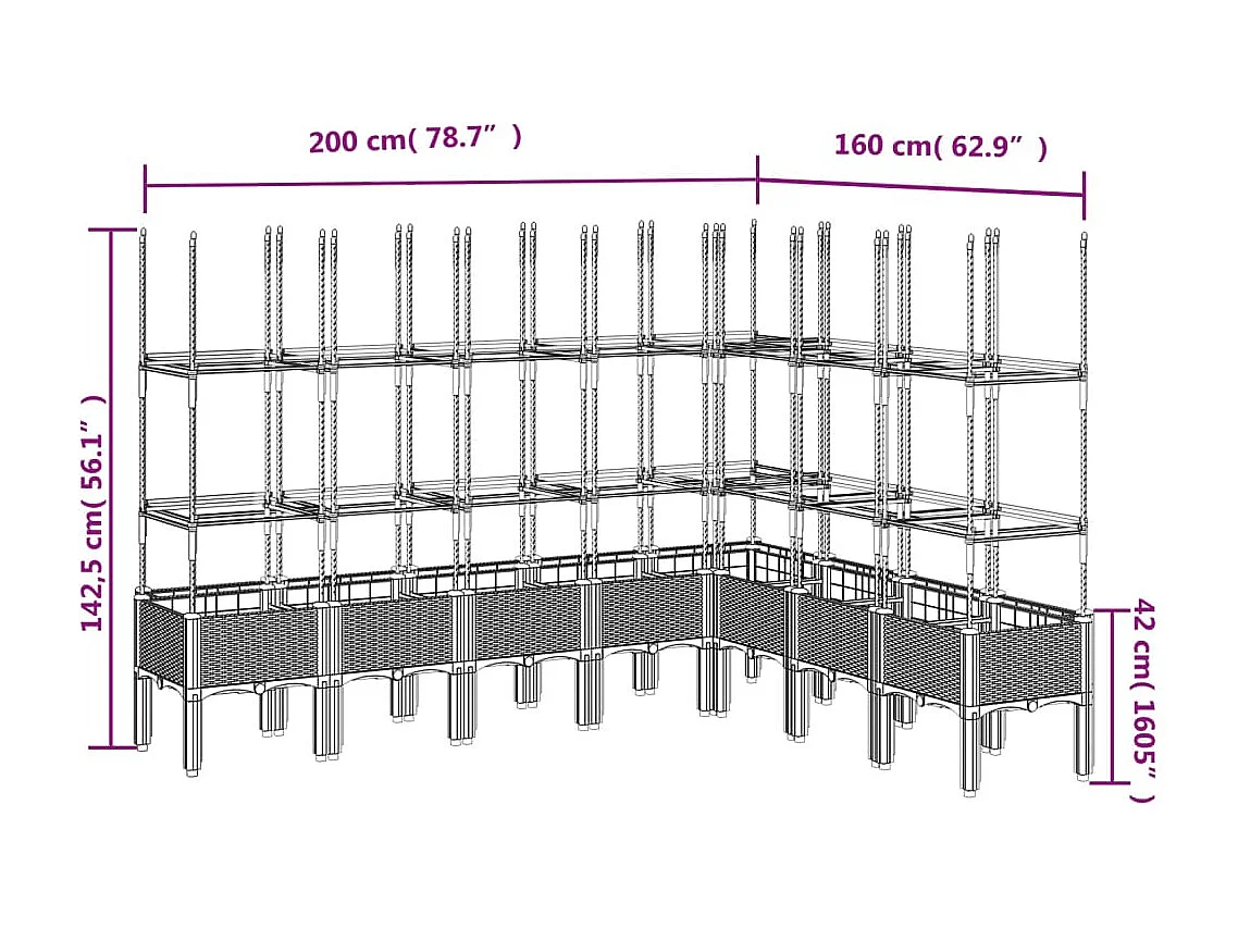 Vaso/floreira de jardim c/ treliça 200x160x142,5 cm PP preto