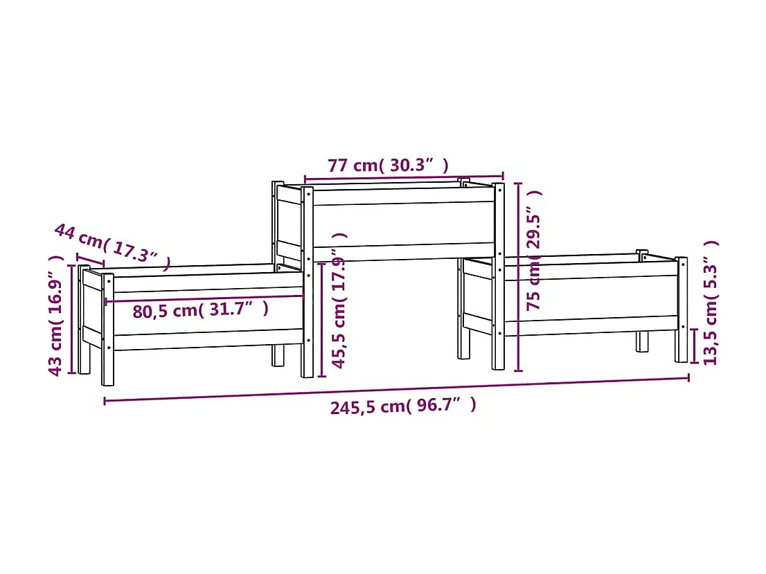 Vaso/floreira 245,5x44x75 cm pinho maciço preto