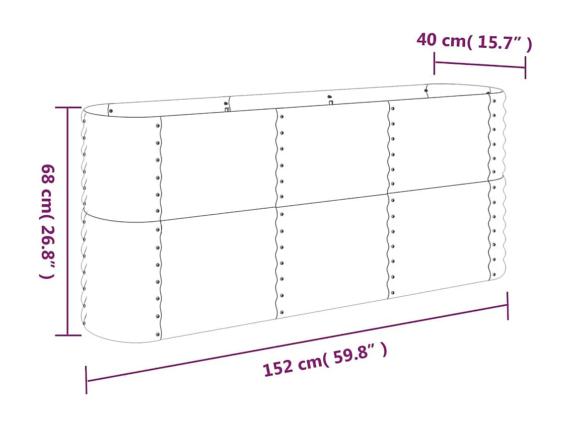 Canteiro elevado jardim 152x40x68cm aço revestido a pó prateado