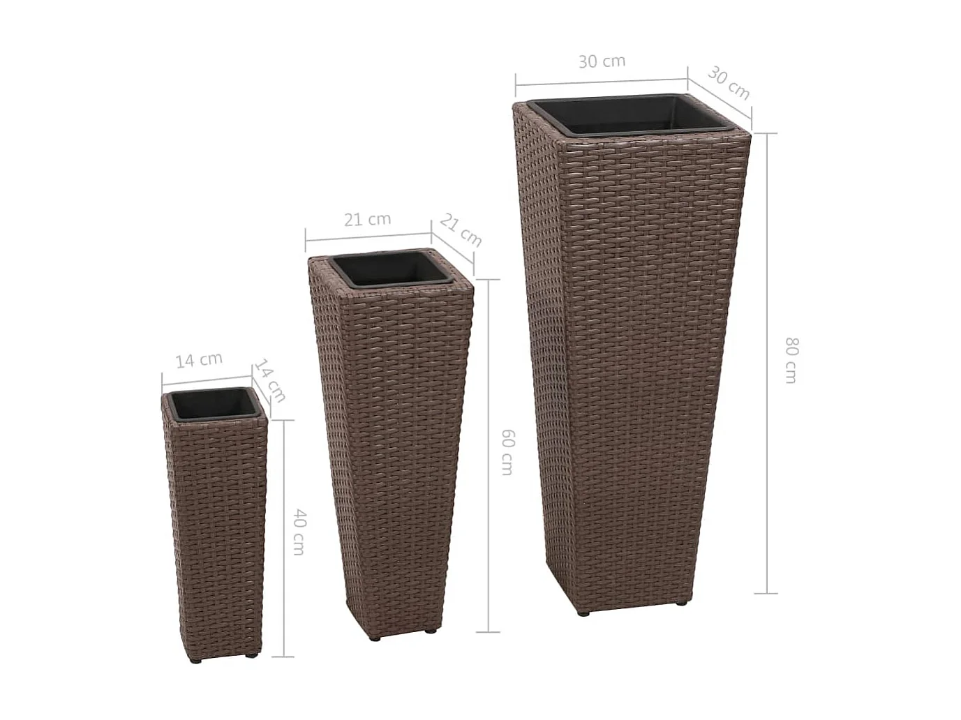Floreiras de jardim altas 3 peças vime PE castanho