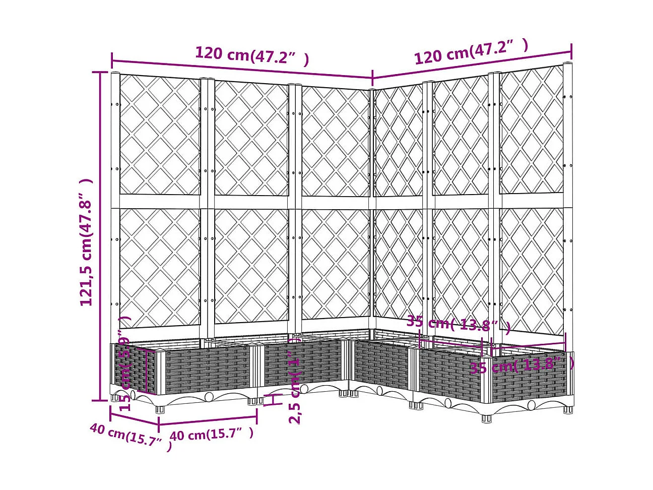 Vaso/floreira jardim c/ treliça 120x120x121,5 cm PP cinza-claro