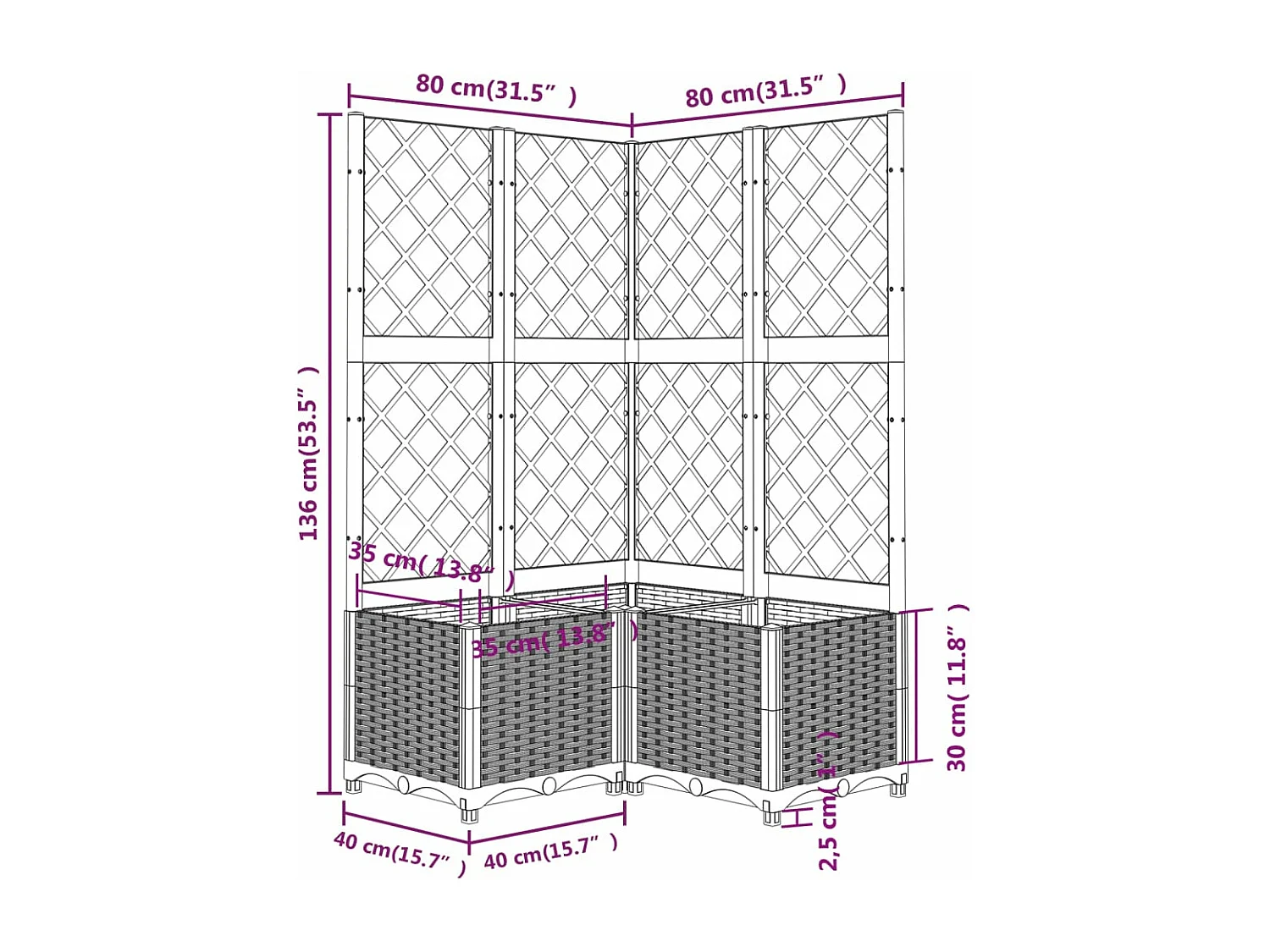 Vaso/floreira jardim c/ treliça 80x80x136 cm PP castanho