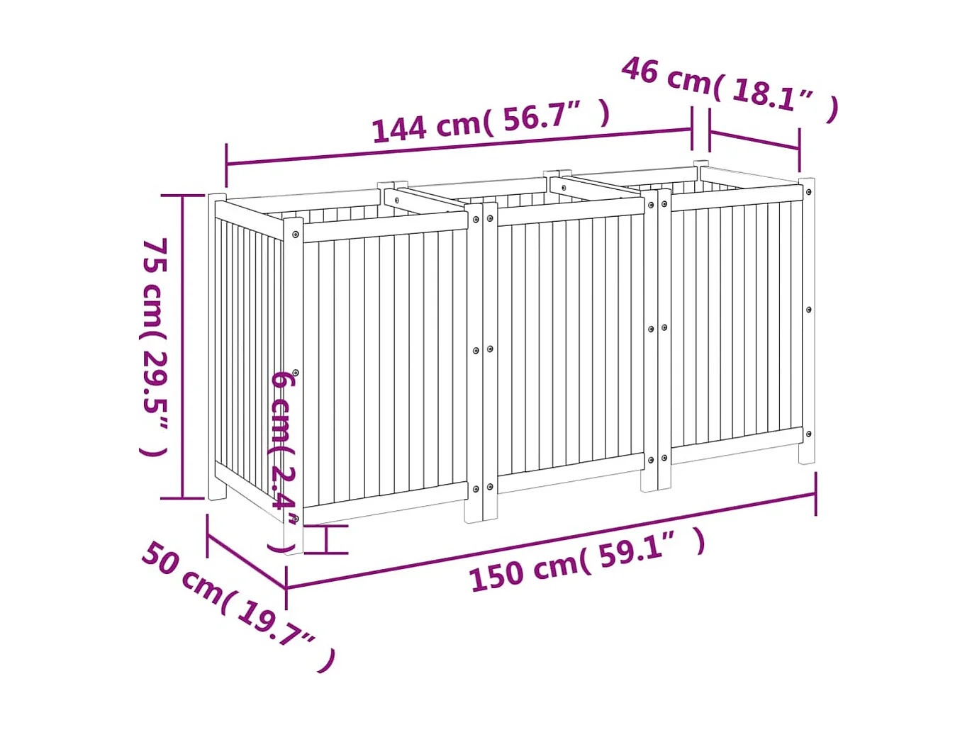Vaso/floreira de jardim com forro 150x50x75 cm acácia maciça
