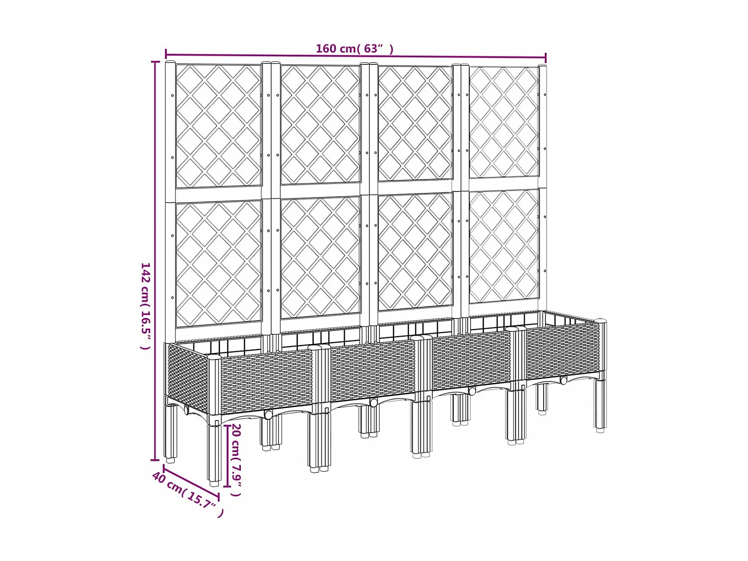 Vaso/floreira jardim c/ treliça 160x40x142 cm PP cinzento-claro