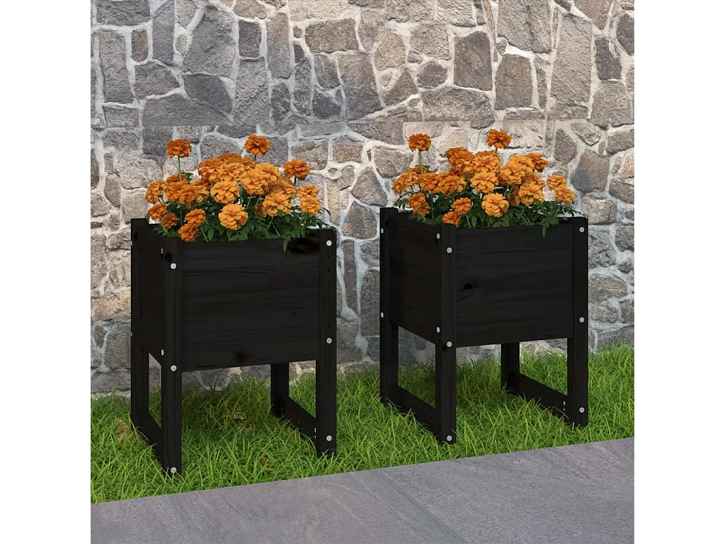 Jardinières 2 pièces Noir 40x40x52,5 cm Bois massif de pin