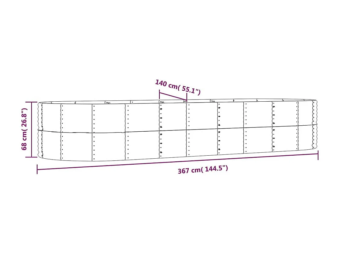 Canteiro elevado jardim 367x140x68 aço revestido a pó prateado