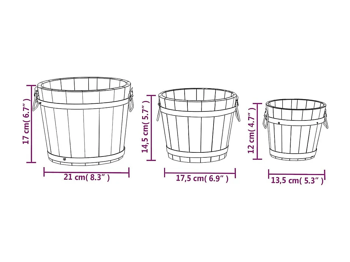 3 peças conjunto de vasos em forma de balde abeto maciço